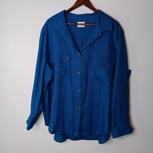 Offon Clothing Button Up Shirt XL? Womens Blue Oversized Linen Lagenlook Pockets